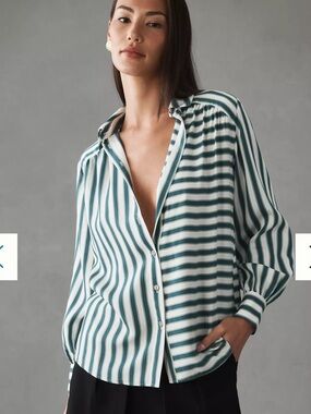 Maeve Anthropologie Green and White Striped Button-Down Shirt